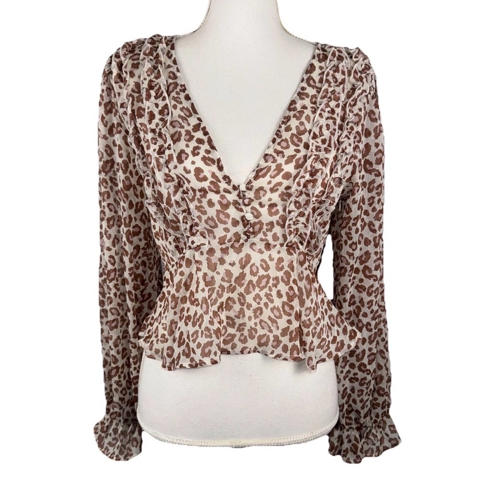 Lulus Easy to Spot Ivory Leopard Print Small Long Sleeve Top Casual Sheer Retroā